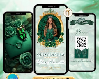 Pode incluir: Três smartphones exibindo um convite de quinceañera. O telefone central mostra uma mulher em um vestido verde, cercada por rosas. O telefone esquerdo tem uma borboleta e um envelope verdes. O telefone direito tem um código QR. O texto inclui "Quinceañera" e "Elena Hernandez".