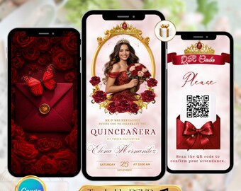 Bordeaux Gold Quinceanera Invitation Video Editable Template Digital Quinceanera Invite for Sweet 15 & 16 Digital InviteTrackable RSVP