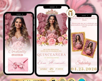 Digital Quinceañera Invitation Sweet 16 Website with Editable Embedded RSVP Tracker Countdown, 15th Birthday Online Invite Canva Template