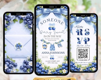 Blueberry Baby Shower Invitation Video | Berry Sweet Boy Shower Animated Evite | Editable Canva Template | Digital Invite Trackable RSVP