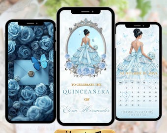 Invitación en video para guardar la fecha de Quinceañera – Invitación animada Light Blue Sweet 15 / Mis Quince Años Cumpleaños digital editable Evite
