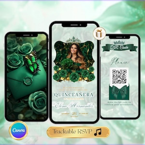 Emerald Green Quinceanera Invitation Video Editable Template Digital Quinceanera Invite for Sweet 15 & 16 Digital InviteTrackable RSVP