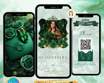 Emerald Green Quinceanera Invitation Video Editable Template Digital Quinceanera Invite for Sweet 15 & 16 Digital InviteTrackable RSVP