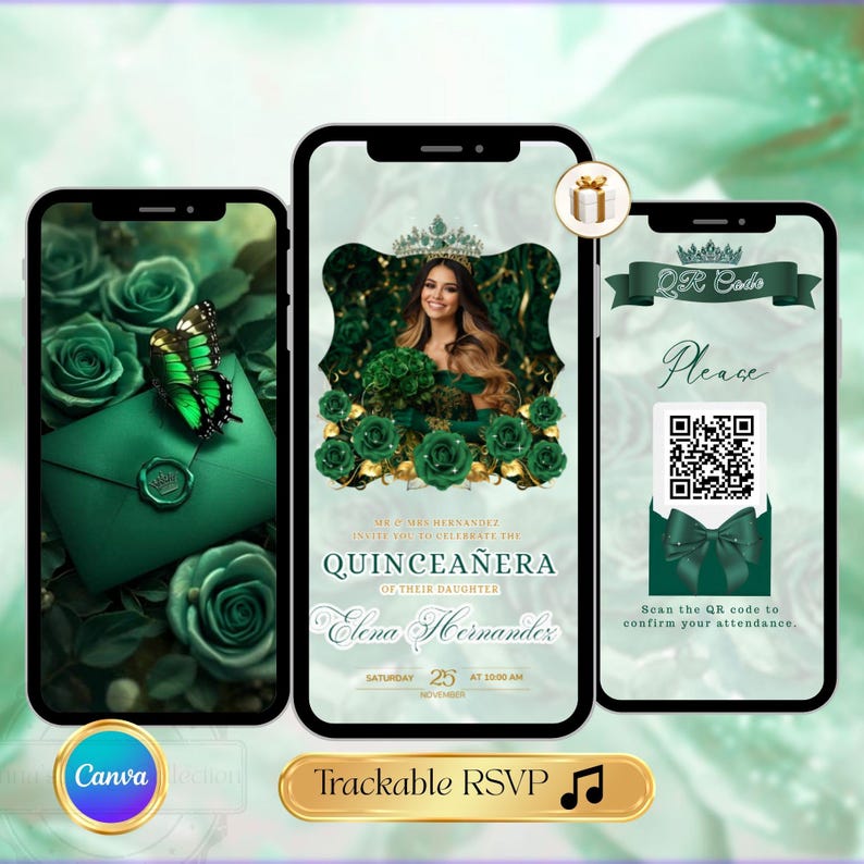 Emerald Green Quinceanera Invitation Video Editable Template Digital Quinceanera Invite for Sweet 15 & 16 Digital InviteTrackable RSVP