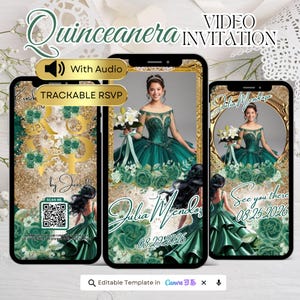 Emerald Green Digital Quinceanera Invitation, Video Invite, QR Code RSVP, Trackable RSVP, Sweet 15 Birthday Party