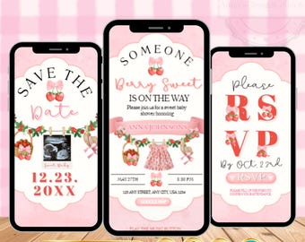 Invitación digital editable de fresa para baby shower / Plantilla para baby shower con RSVP rastreable.
