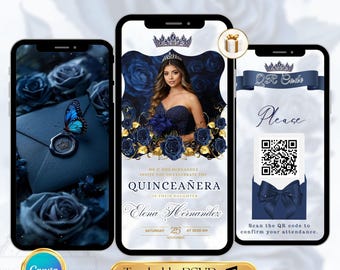 Modèle d'anniversaire modifiable vidéo d'invitation de Quinceanera bleu marine Invitation de Quinceanera numérique pour Sweet 15 & 16 ans Invitation numérique avec suivi RSVP