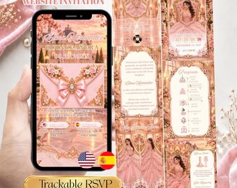 Pink Princess Quinceañera Invitation Website, Elegant Pink Princess Castle, Mis Quince Años Digital Template, Bilingual English Spanish RSVP