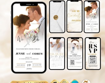 Faire-part de mariage numérique roses blanc crème, animation sur toile, modèle vidéo modifiable, téléchargement immédiat avec suivi RSVP QR Code