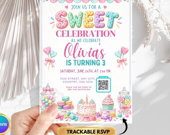 Sweets Candy Birthday Invitation, Sweet Celebration & Candyland Invitation, Candy Ice Cream Cupcake Donut, Editable Canva Template with RSVP