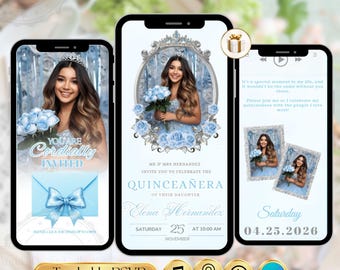 Invitation Quinceanera bleu clair pour le site Web RSVP en ligne Sweet 16, Invitation modifiable de Quinceanera pour le 15e anniversaire de Mis Quince Anos