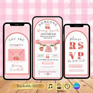 May include: Three smartphones displaying a baby shower invitation. The design features a pink theme with cherry illustrations and the text "Berry Sweet." The invitation includes RSVP details and a music player interface.