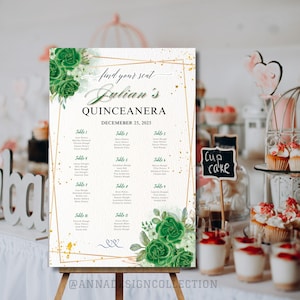 Quinceañera Green Setting Chart,Sweet Sixteen,Editable Template,Personalized Settinng Chart sizes 24X36/ 20x30/16X24/12X18/ 8X12GoldenBorder