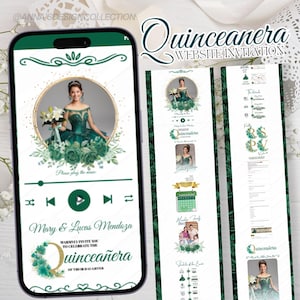Emerald Green Quinceanera Website Invitation with Music, RSVP Tracking, Countdown, Calendar, Navigator, Sweet sixteen