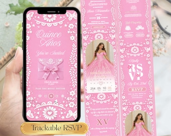 Pink Cielito Lindo Quinceañera Invitation Website, Pink Sweet 15 Mis Quince Años Digital Invite, Editable Canva Trackable RSVP Template
