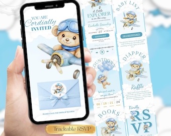 Boy Aviation Baby Shower Invitation Website | Explorer Airplane Baby Shower Invite | Editable Digital Invite  RSVP Tracker | Blue Teddy Bear