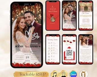 Red Roses Wedding Invitation Video, Editable Canva Digital Invite, Roses Animated Mobile Wedding E-Invite with Trackable RSVP & QR Code