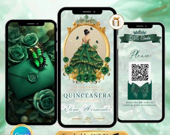Invitación digital de quinceañera verde esmeralda, código QR de RSVP para quinceañera, plantilla de invitación para dulces 16, invitación de rosas para quinceañera Mis Quince Anos XV