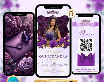 Plantilla de video de invitación de quinceañera morada, confirmación de asistencia rastreable (digital)