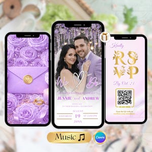 May include: Three smartphones displaying wedding invitation designs. The first shows a purple envelope with a gold seal and roses. The second features a couple with the text "We Do". The third says "Kindly RSVP".