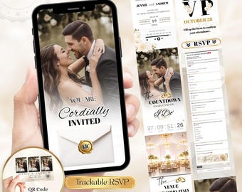 Wedding Website Invitation Template, Elegant White Rose Digital Wedding Invite, Canva Editable Modern Neutral, Trackable RSVP & Music