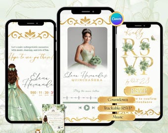 Quinceaño Website Einladung Salbei Grün Digitale Antwort Online Mis Quince 15 Anos Canva Bearbeitbare Vorlage Sweet 16 & 18 Geburtstag Musik Lage