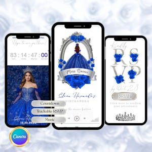 May include: Three smartphones displaying a quinceañera invitation. The central phone shows a woman in a blue gown, the text "Miss Quince," and floral accents. The left phone has a countdown timer. The right phone has RSVP details.