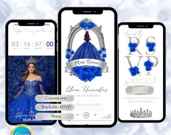 Invitación para sitio web de quinceañera azul real plateado RSVP digital en línea Mis Quince 15 o 16 años Plantilla editable de Canva Música Ubicación Temporizador