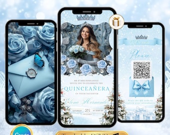 May include: Three smartphones displaying a quinceañera invitation. The central phone shows a woman in a blue dress holding flowers. The left phone displays blue roses, a butterfly, and an envelope. The right phone has a QR code. Text includes "Quinceañera" and "Trackable RSVP".