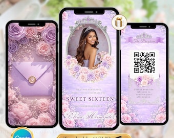 Lavande pourpre et invitation vidéo rose de Quinceañera | Modèle de toile Sweet 15 modifiable | RSVP animée avec suivi numérique sur invitation | Musique