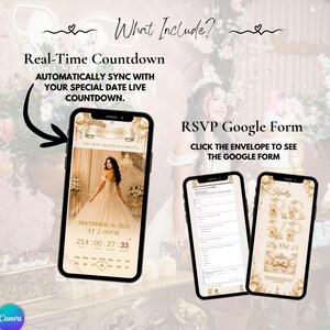 Luxury Champagne Quinceañera Website Template, Gold Ribbon Sweet 16 15 Invitation, Editable Canva RSVP Birthday Invite with Trackable RSVP