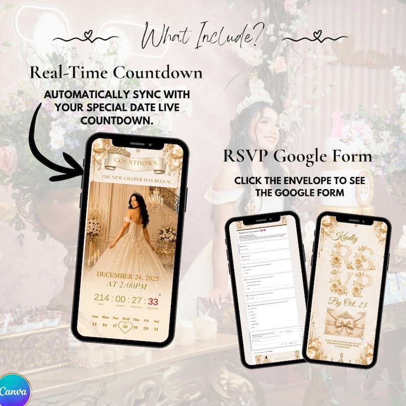 Luxury Champagne Quinceañera Website Template, Gold Ribbon Sweet 16 15 Invitation, Editable Canva RSVP Birthday Invite with Trackable RSVP