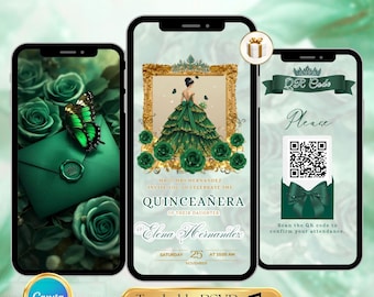 Emerald Green Quinceanera Invitation Video Editable Template Digital Quinceanera Invite for Sweet 15 & 16 Digital InviteTrackable RSVP