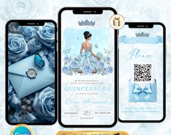 Light Blue Quinceanera Invitation Video Editable Birthday Template Digital Quinceanera Invite for Sweet 15 & 16 Digital InviteTrackable RSVP