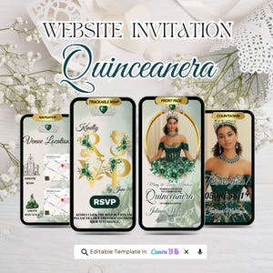 Emerald Green Quinceanera Website Invitation with trackable RSVP, Countdown and Navigator Editable Template on Canva