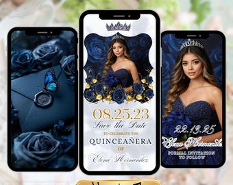 Invitación en video de Quinceañera con reserva de fecha en azul marino – Invitación animada Sweet 15 de rosas azul marino / Mis Quince Años Editable Digital Evite