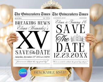 Quinceanera Save The Date Zeitung | Canva Vorlage | Quinceaña Einladung | Quitten-Fotoshooting Zeitung | Sweet 15 Newspaper Invite Antwortgebe