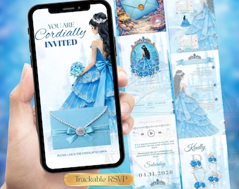 Invitation au site Web Quinceañera Under the Sea | Modèle de toile d'invitation numérique Sweet 15 & 16 ans | Suivi RSVP, musique, compte à rebours | Code QR