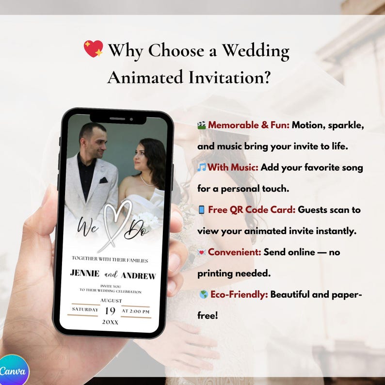 Animated Wedding Invitation Canva Template | Digital Wedding Invite with QR Code RSVP | White Rose Neutral Minimal Wedding Trackable RSVP