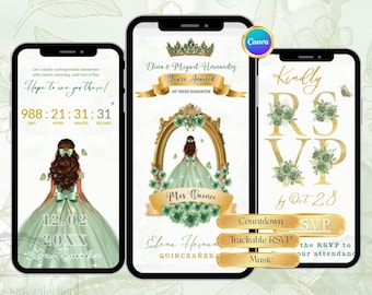 Salbeigrüne Quinceaña-Website-Einladung, Online-RSVP (Canva bearbeitbare Vorlage)