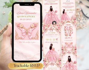 Pink Gold Quinceañera Invitation Websit | Sweet 16 & 18 Digital Invite Princess, Editable Canva Template Birthday Invite with Trackable RSVP
