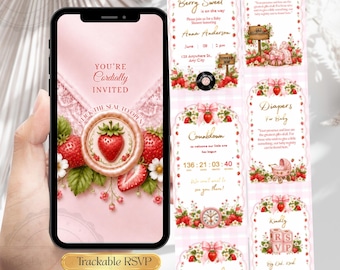 Website für Einladungen zur Babyparty mit Beerenmotiv | Babyparty mit Erdbeer-Rosa Schleife | Digitale Einladung zur Babyparty für Mädchen mit verspielter RSVP-Funktion