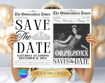 Invitation journal de Quinceañera | Modèle de toile « Réservez la date » | Faire une séance photo de coings dans un journal | Sweet 15 RSVP numérique