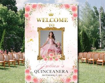 Quinceañera Light Pink Welcome Sign Sweet Sixteen Editable Template Personalized Welcome Board 24X36/ 20x30 /16X24 /12X18/ 8X12 Square Frame