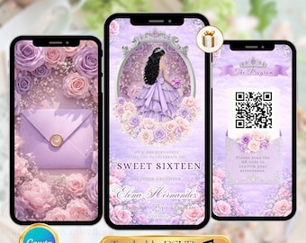 Purple Lavender & Blush Pink Quinceañera Video Invitation | Editable 15th Birthday Canva Template | Animated Digital Invite Trackable RSVP