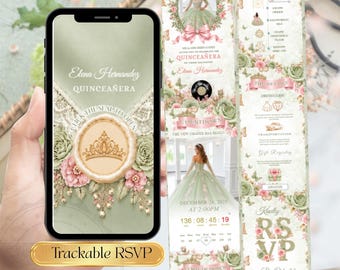 Luxury Sage Green & Pink Quinceañera Invitation Website, Pink conquette Mis Quince Años Digital Invite, Editable Sweet 15 Trackable RSVP