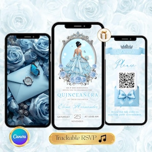 Puede incluir: Tres teléfonos inteligentes muestran una invitación de quinceañera. El teléfono central muestra a una niña con un vestido azul. El teléfono izquierdo muestra una mariposa y un sobre azules. El teléfono derecho tiene un código QR. El texto incluye "Quinceañera" y "Elena Hernandez."