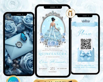 May include: Three smartphones displaying a quinceañera invitation. The central phone shows a girl in a blue gown. The left phone displays a blue butterfly and envelope. The right phone has a QR code. Text includes "Quinceañera" and "Elena Hernandez."