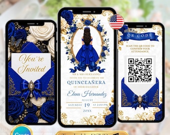 Luxus Royal Blue Gold Quinceanera Geburtstagseinladung, Royal Blue Animierte E-Vite, Mis Quince Años Bearbeitbare Vorlage QR-Code Tracakble Antwortkarte