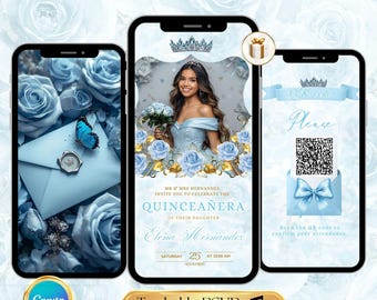 May include: Digital invitation design for a Quinceañera, featuring a young woman in a light blue gown, surrounded by blue roses. The design includes the text "Elena Hernandez" and "Saturday 25 November at 10:00 AM". A QR code is included.